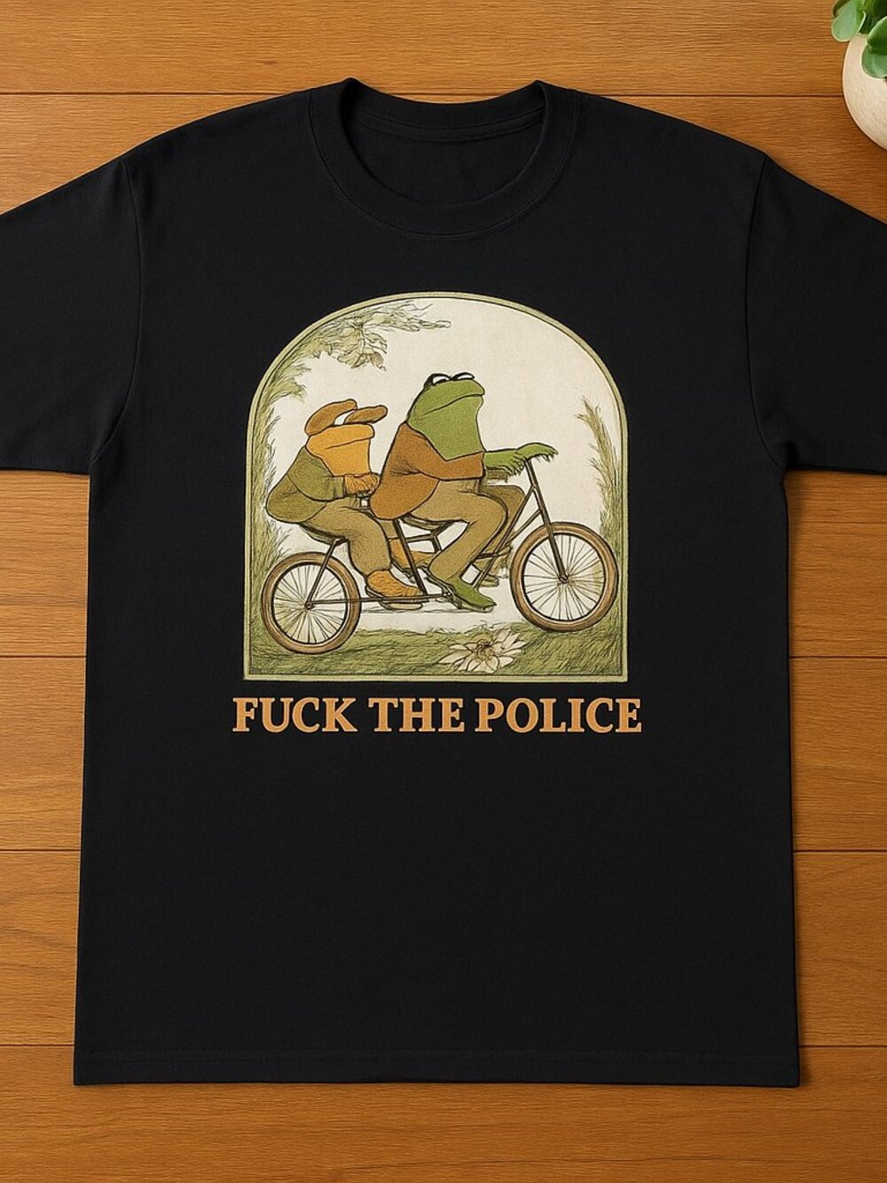 Frog Bicycle Graphic Black T-Shirt Funny Retro Cartoon Tee